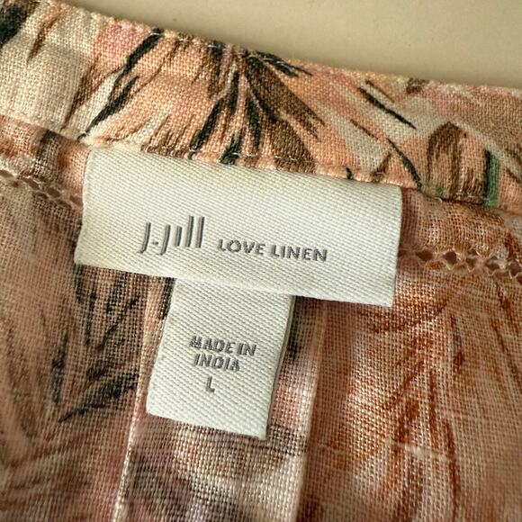 J.JILL | Pink and Green Tropical Print Linen Bell Sleeve Flounce Shirt Large - Picture 5 of 8